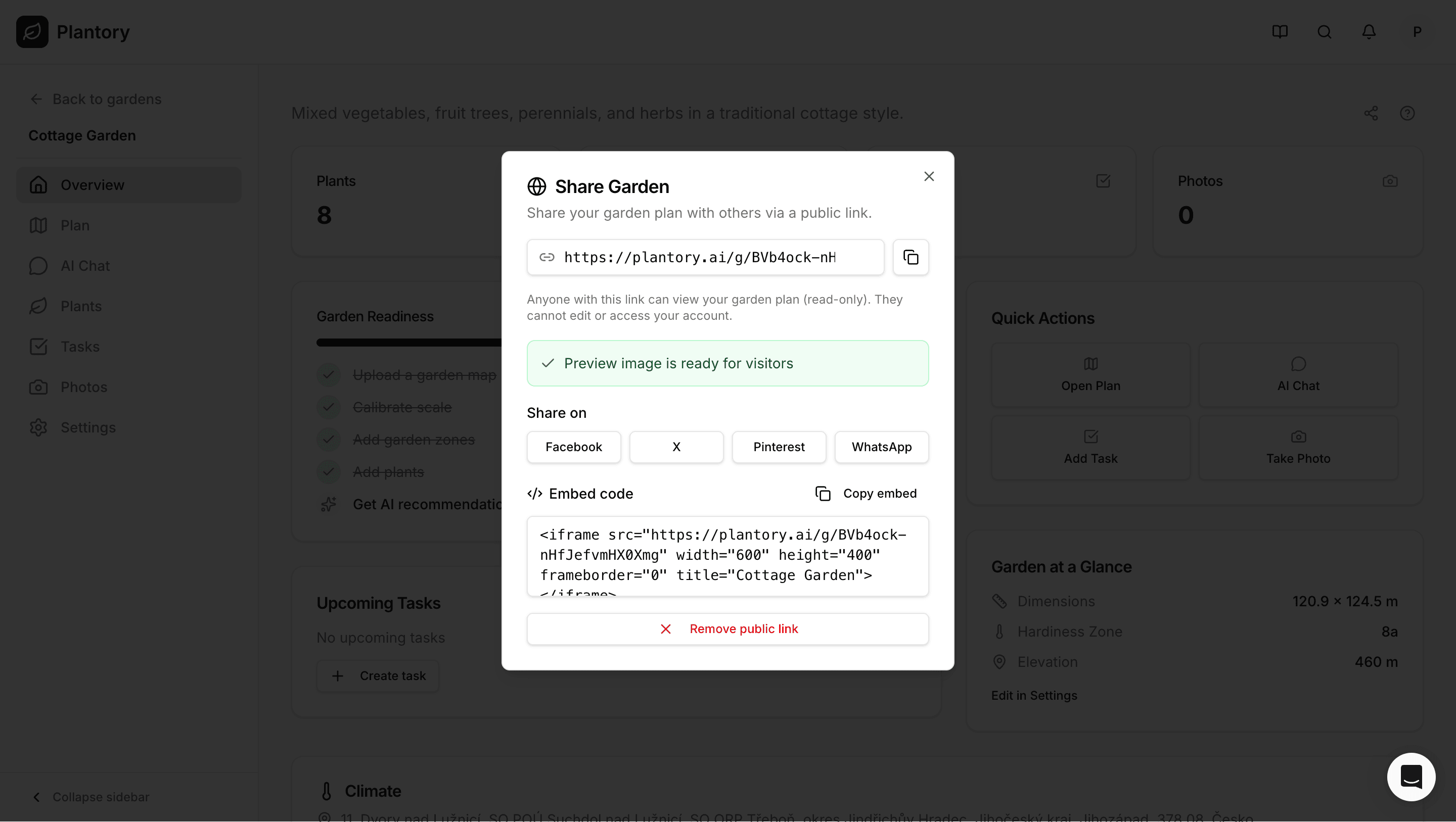 Social sharing dialog with options for Facebook, X, Pinterest, WhatsApp, and embed code