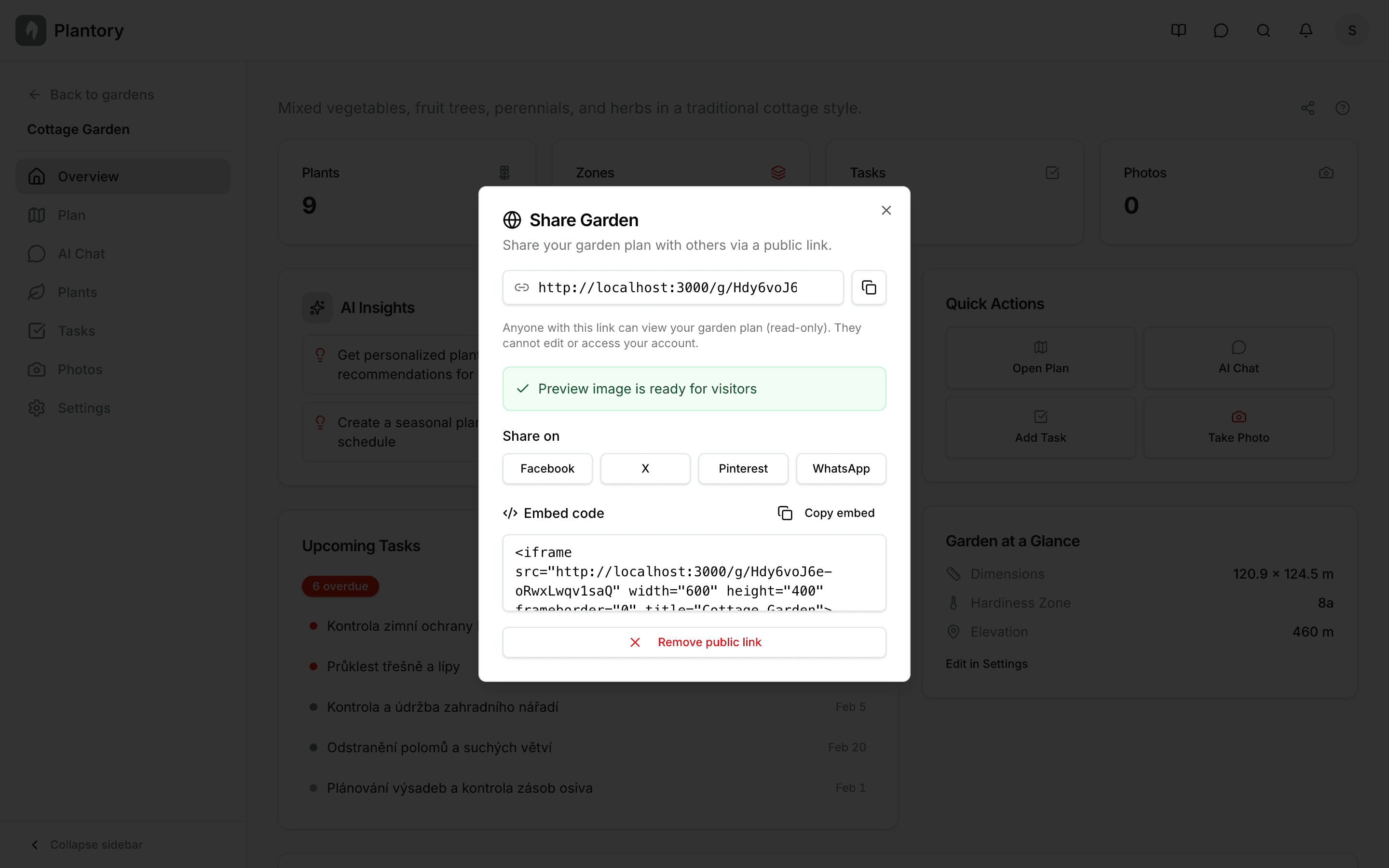 Dialogo condivisione giardino con link di condivisione