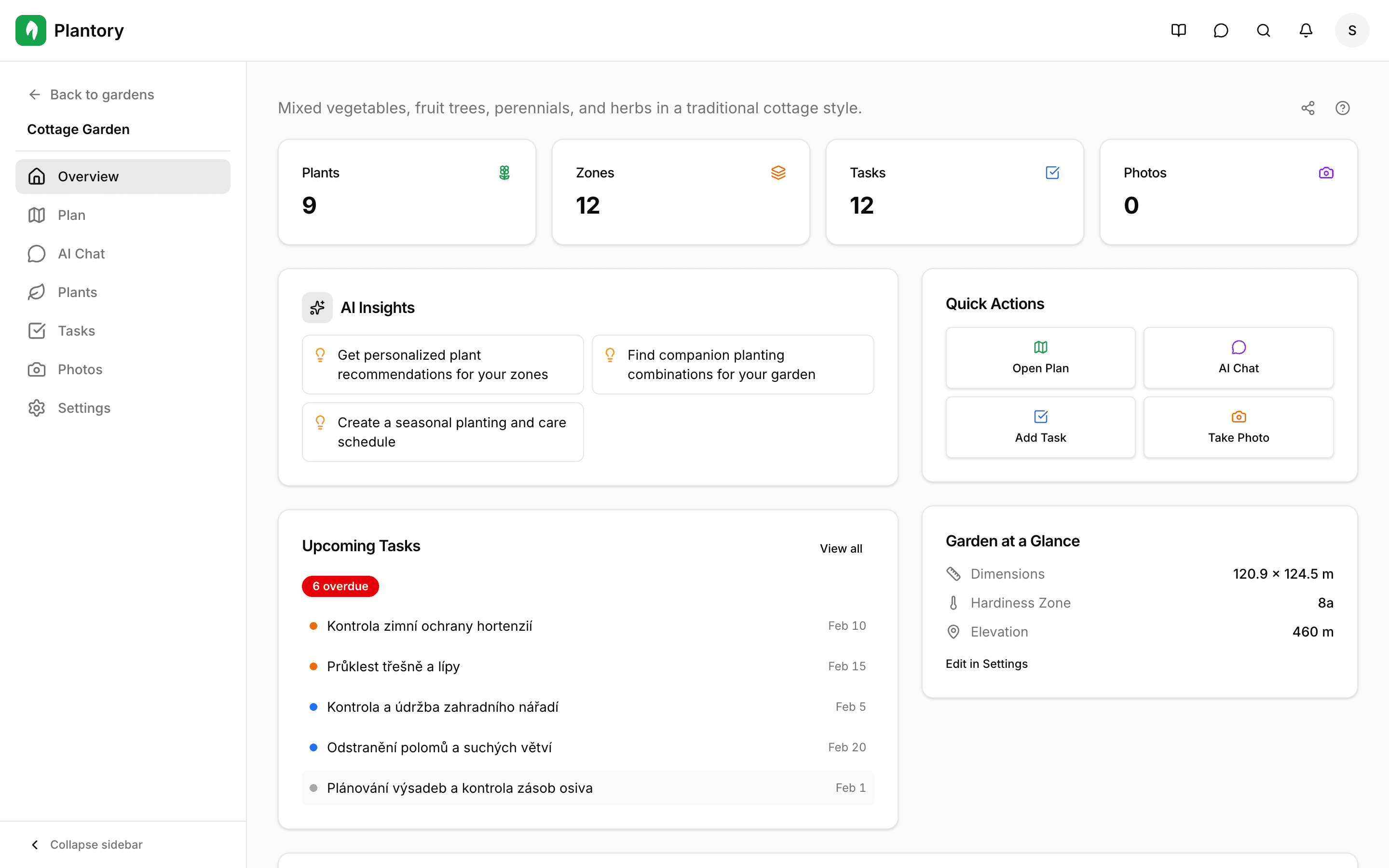 Pagina dettaglio giardino con navigazione a schede