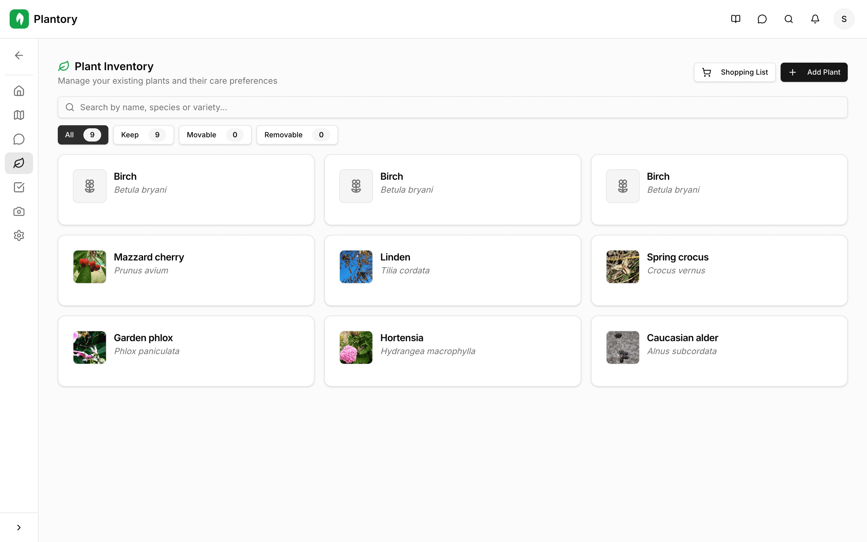Pagina Piante che mostra l'elenco delle piante aggiunte